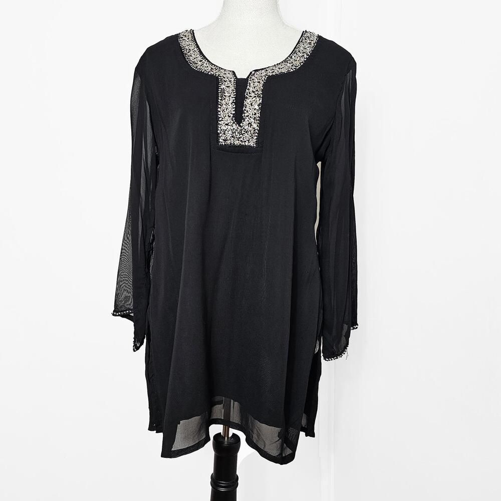 Black Long Sleeve Medium Tunic with Embellished Neckline